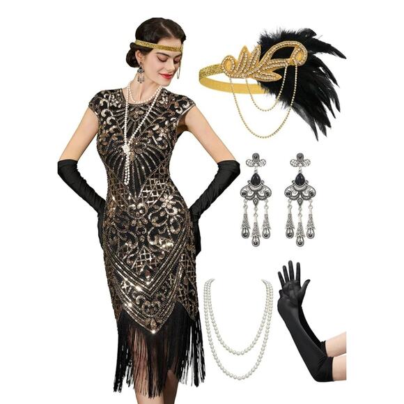 YESSA 1920s Womens Flapper Great Gatsby Dress & Accessories Costume Large - Picture 1 of 11